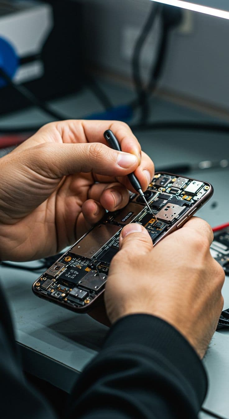 Technician repairing a smartphone